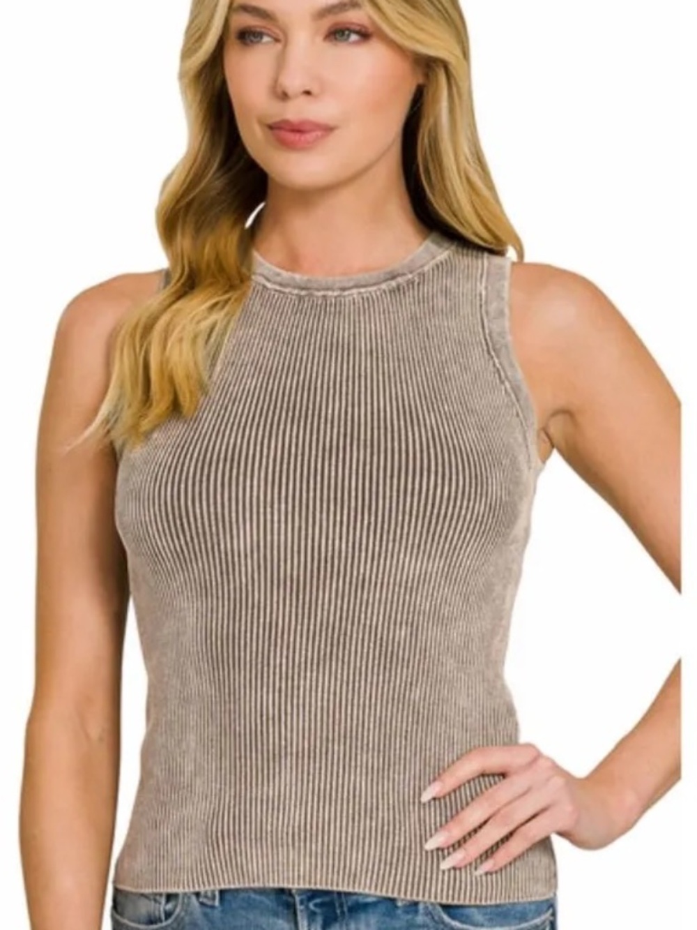 Zenana Mineral Wash Ribbed High Neck Tank Top